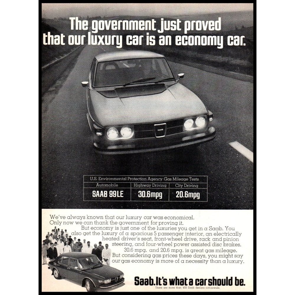 1974 Saab 99LE Sedan Vintage Print Ad Fuel Economy Crisis Headlights Wall Art